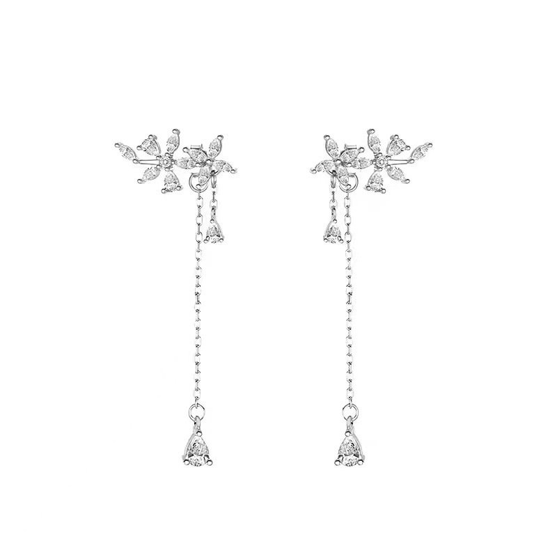 20c1e54b-a512-4857-b454-fe515c1eaddf.jpg Sterling Silver Diamond Flower Long Women's Earrings