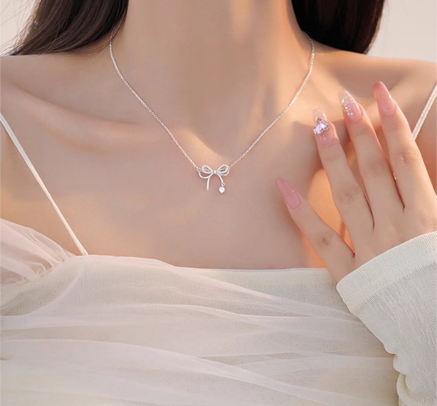 2402140059560321100-2.jpg Women's Bow Necklace 999 Sterling Silver Clavicle Chain