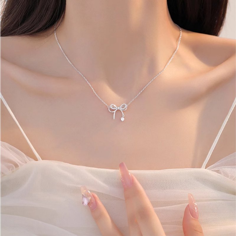2402140059560322100-2.jpg Women's Bow Necklace 999 Sterling Silver Clavicle Chain