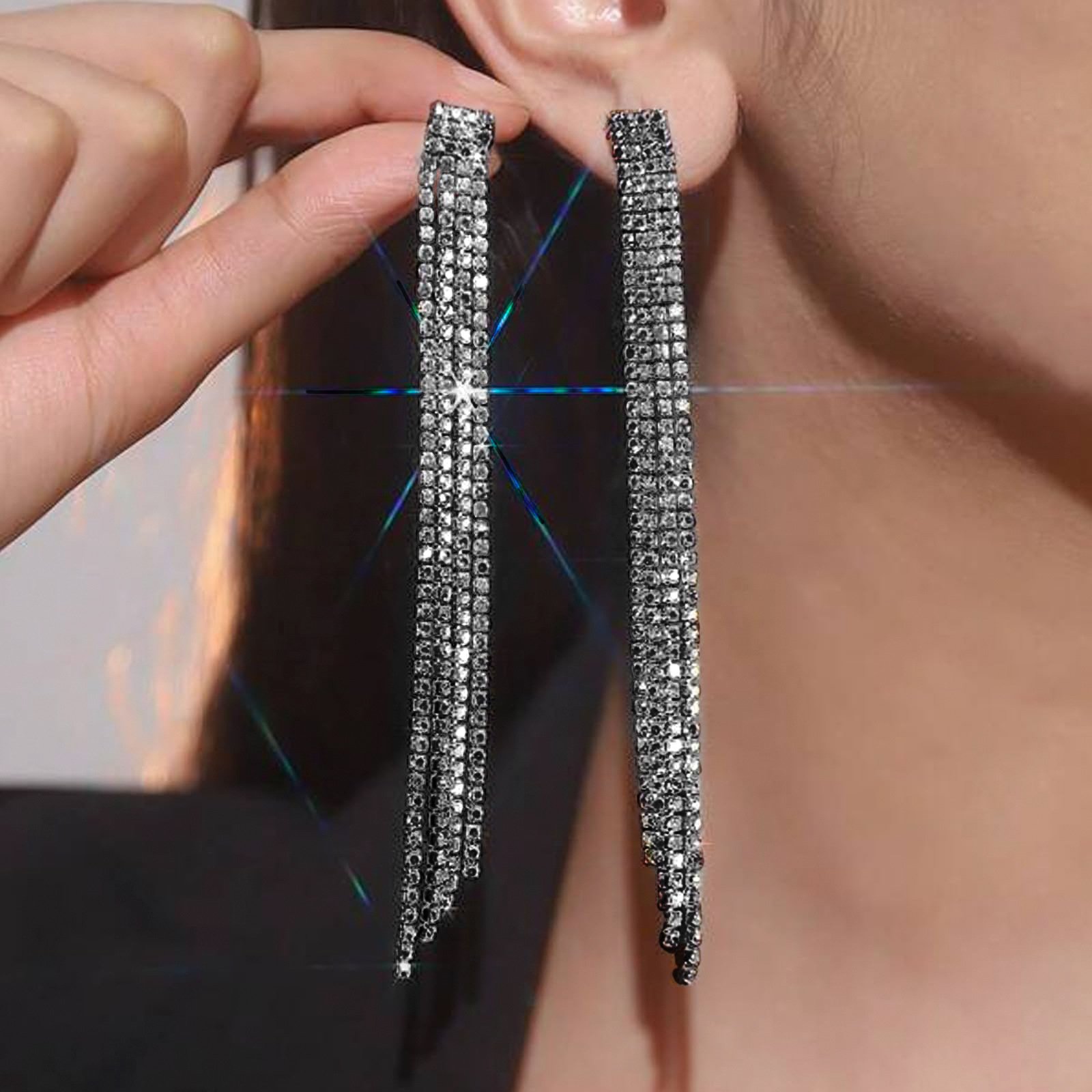 27715635-b8d8-4050-9258-8a4d5ee11c9d.jpg High-grade Diamond-embedded Multi-row Silver Needle Long Fringe Pendant Earrings