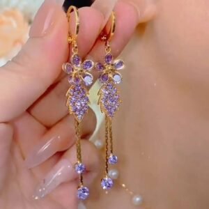 New Purple Delicate Flower Leaf Tassel Earrings
