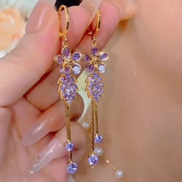 New Purple Delicate Flower Leaf Tassel Earrings