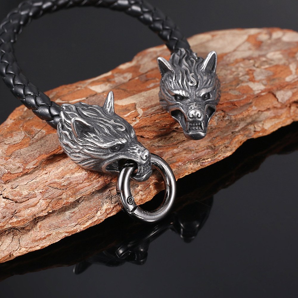 Stainless Steel Nordic Viking Odin Wolf Head Bracelet