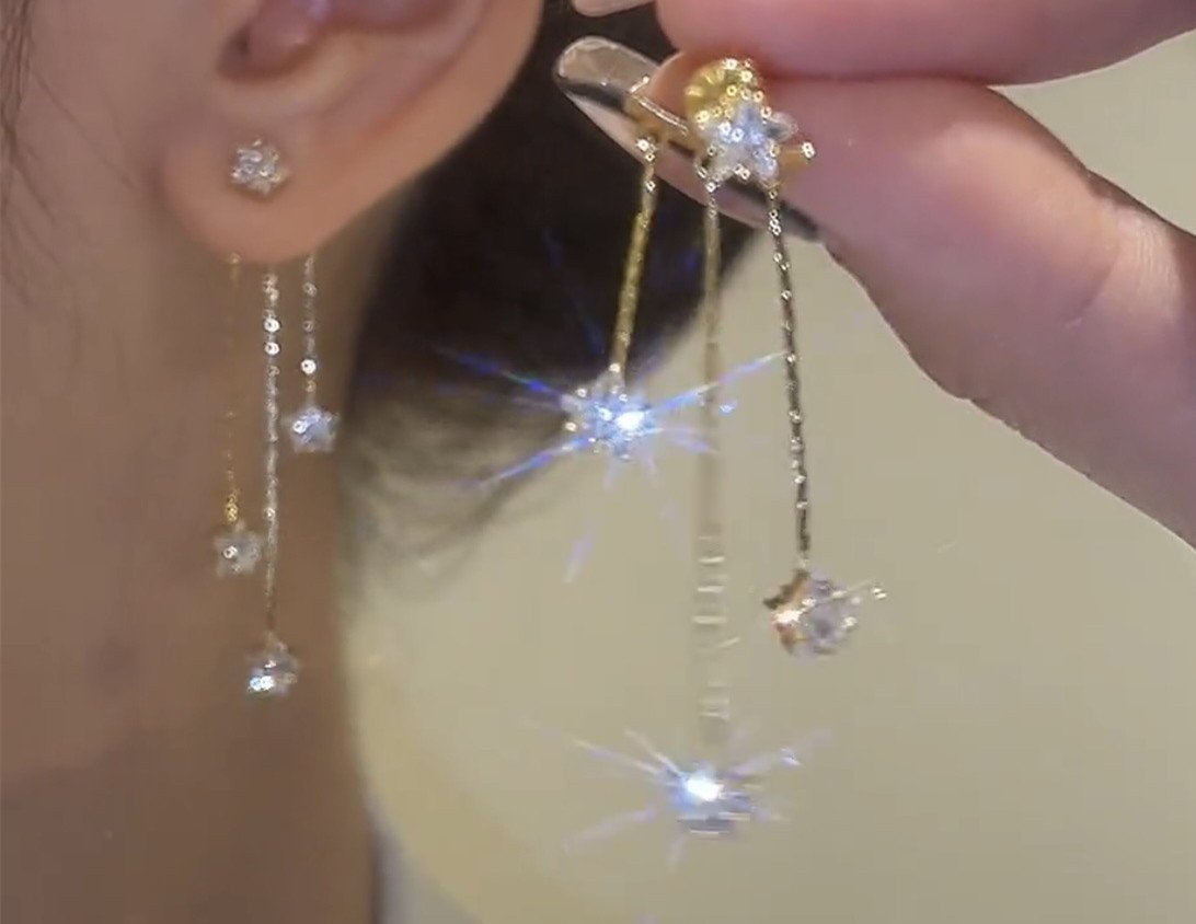 Micro Inlaid Zircon Pentagram Tassel Earrings