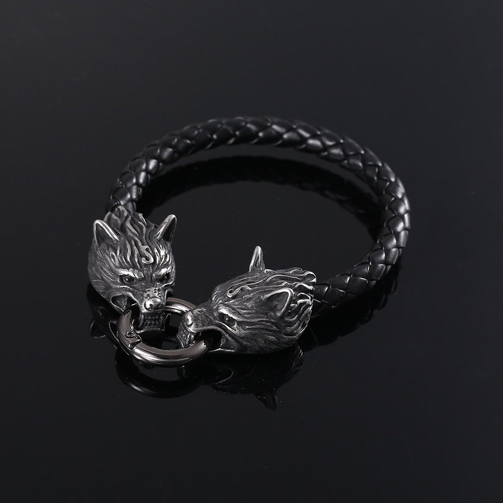 Stainless Steel Nordic Viking Odin Wolf Head Bracelet