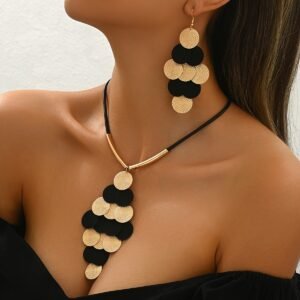 Lxalry 14K Gold Black Jewelry Set Necklace Earrings Oversized Pendant Gift